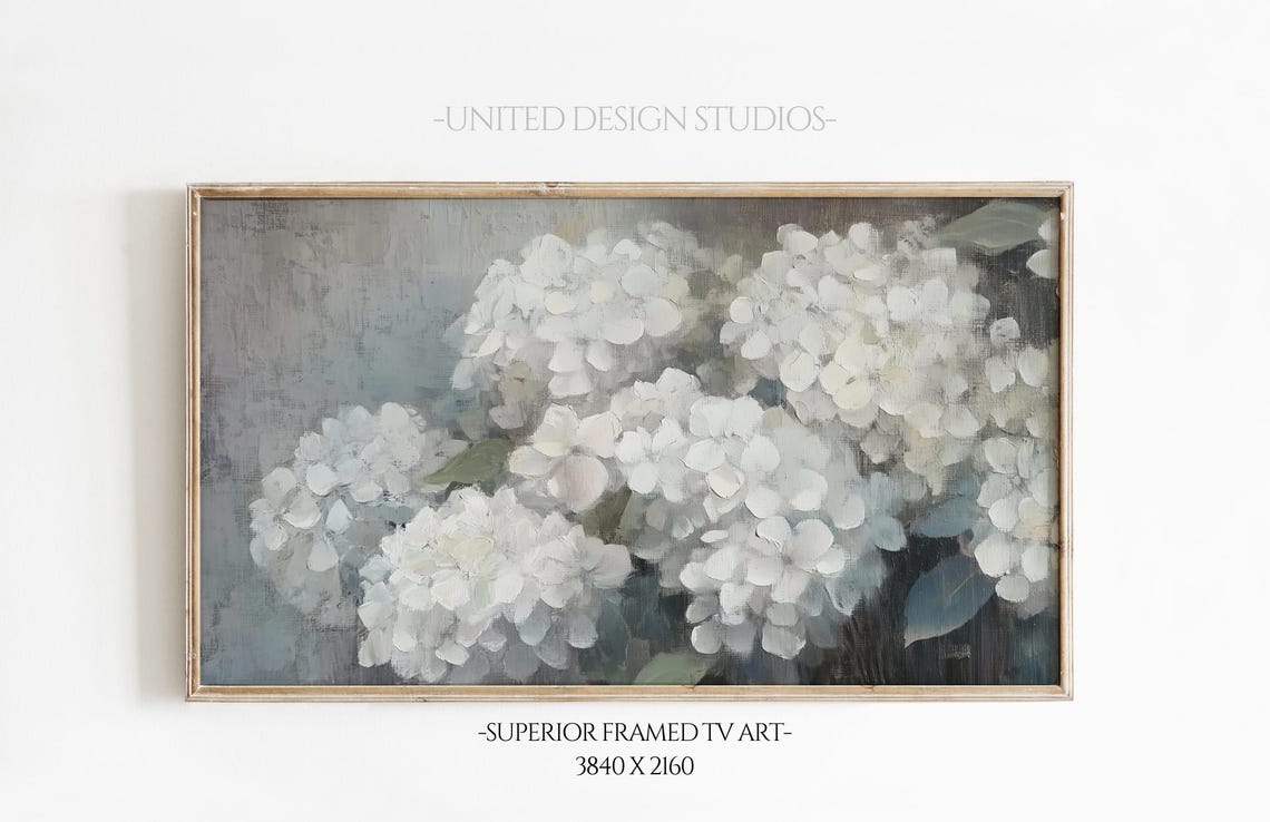 White Hydrangea Blooms Soft Neutral Botanical Oil Painting Poster