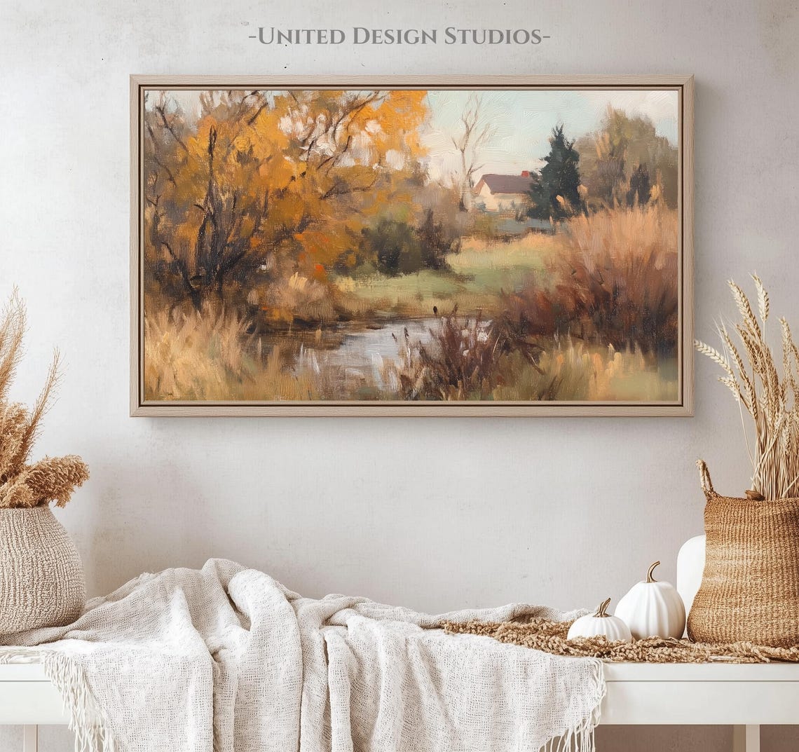 Golden Fall Trees By Creek Cottage Autumn Landscape Wall Art - Image 5