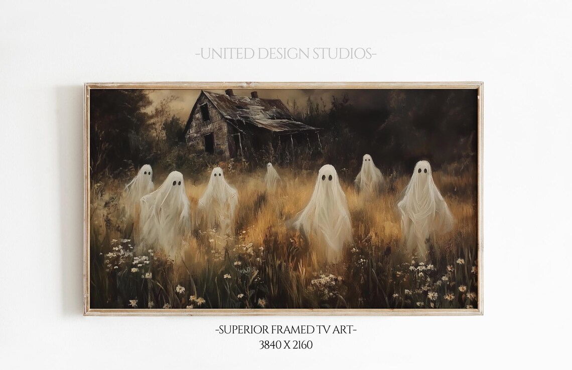 Spooky Ghosts In Moonlit Haunted Field Old House Halloween Wall Art