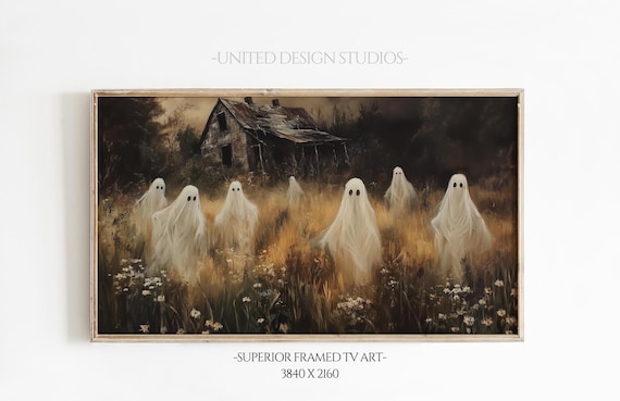 Spooky Ghosts In Moonlit Haunted Field Old House Halloween Wall Art