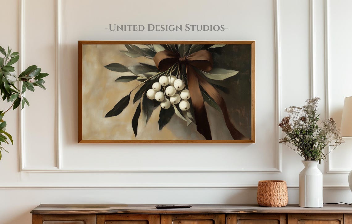 Mistletoe White Berries Brown Ribbon Moody Christmas Botanical Poster - Image 3