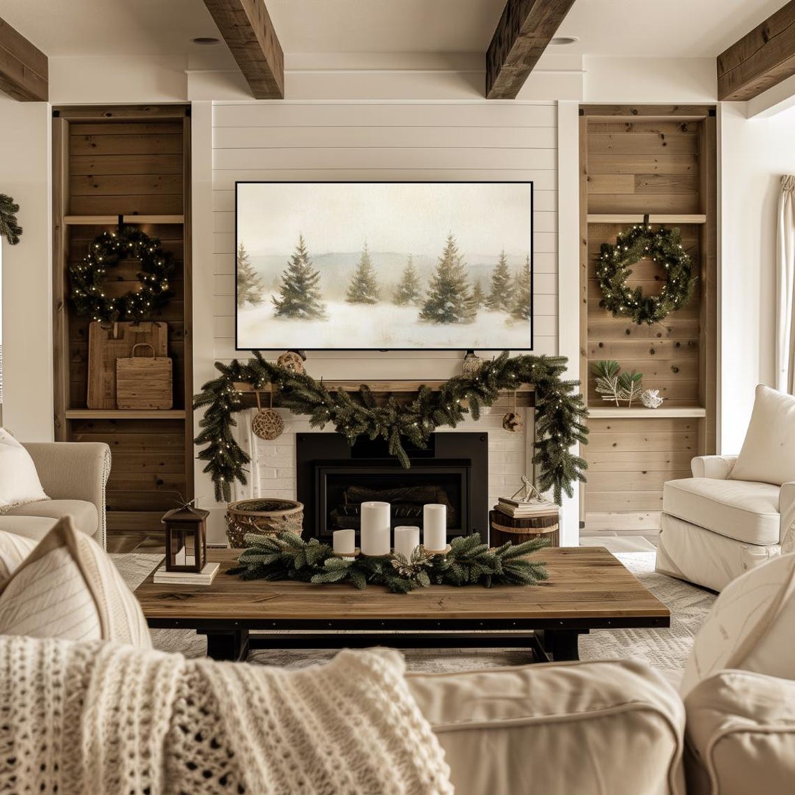 Snowy Evergreen Trees Winter Forest Neutral Landscape Wall Art - Image 5