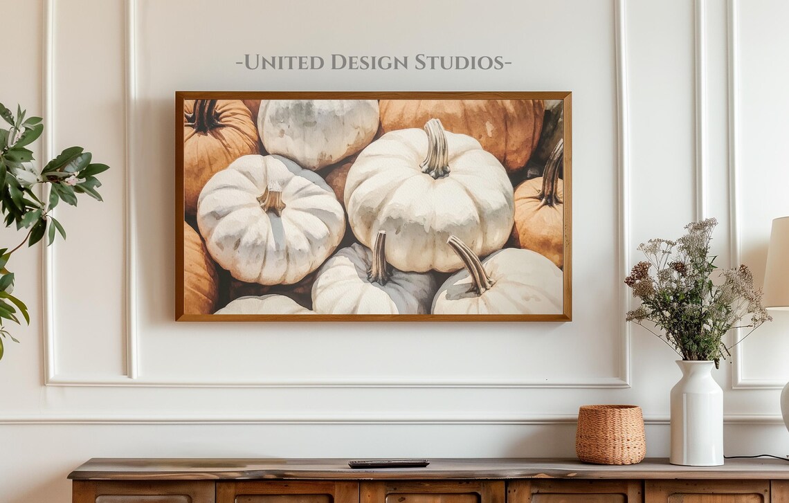 White Pumpkins Patch Watercolor Neutral Fall Harvest Frame TV Art Poster - Image 3