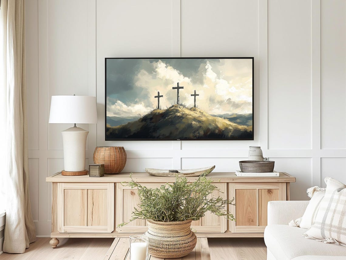Three Crosses On Calvary Hill Moody Storm Clouds Christian Poster - Image 4