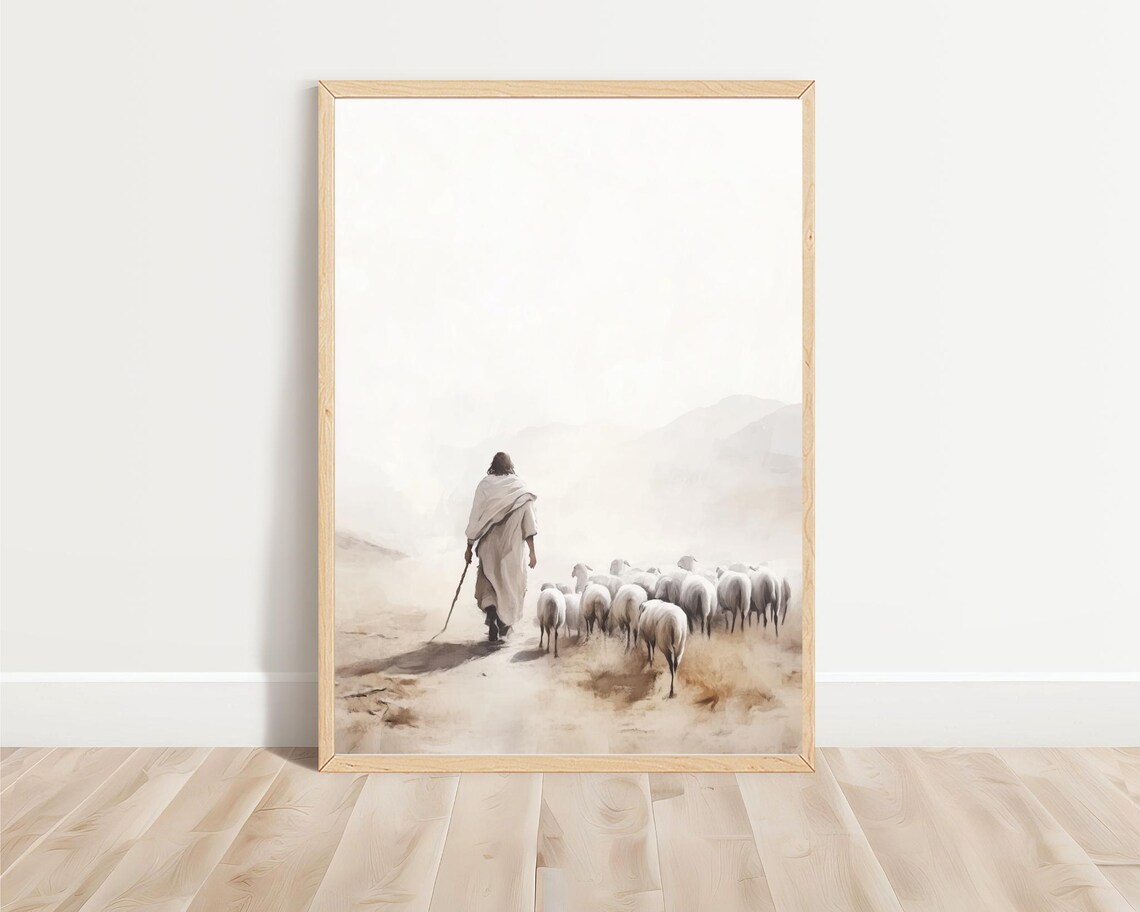 Jesus With His Flock Christian Sketch Art Print - Image 4