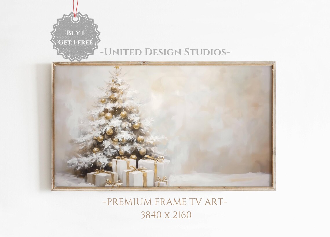Neutral Christmas Tree and Presents Holiday Art Print
