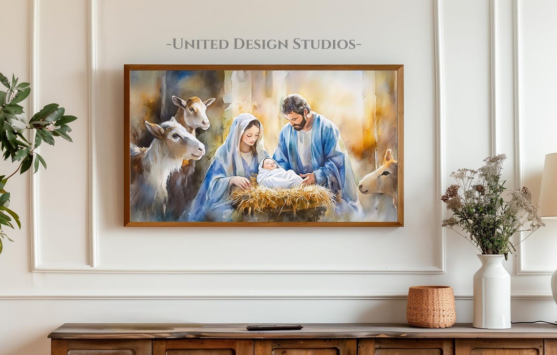 Christmas Nativity Manger Watercolor Mary Joseph Baby Jesus Poster - Image 3