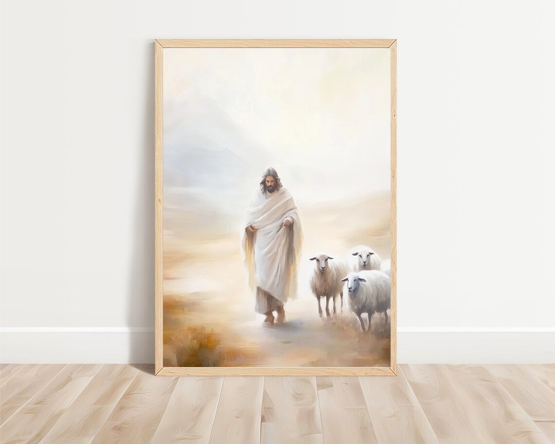 Jesus With Sheep Good Shepherd Misty Golden Field Soft Oil Painting Poster - Image 3