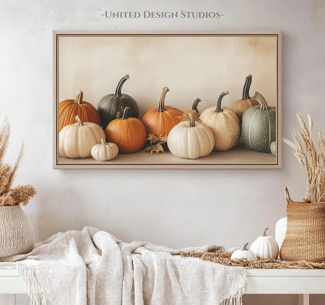 Neutral Pumpkins Still Life White Orange Green Fall Harvest Poster - Image 4