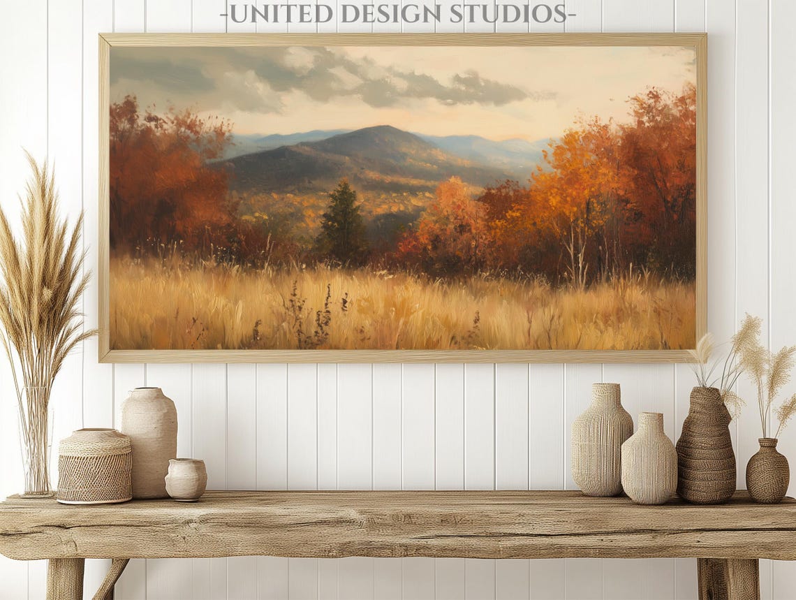 Golden Fall Mountain Meadow Autumn Trees Blue Peaks Landscape Poster - Image 2