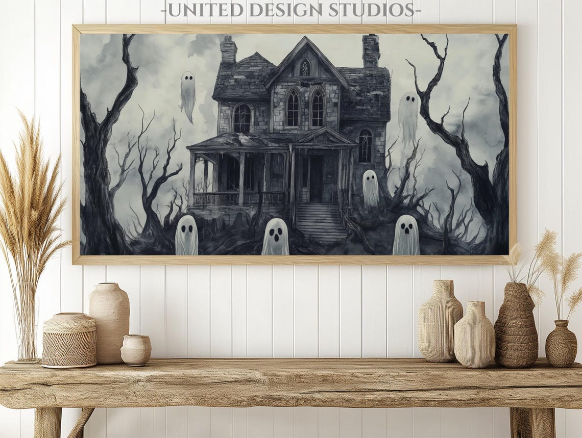 Spooky Haunted House Ghosts Black White Halloween Art Poster - Image 2