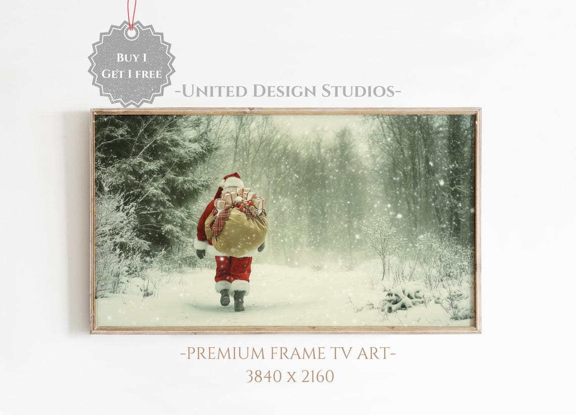 Santa Claus Walking Snowy Forest Gift Sack Vintage Christmas Poster