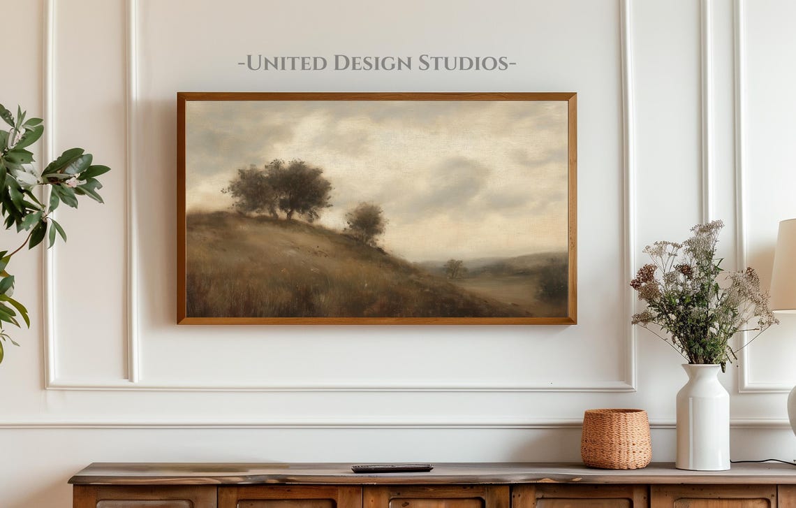 Moody Neutral Fall Hillside Trees Vintage Landscape Painting Print - Image 3