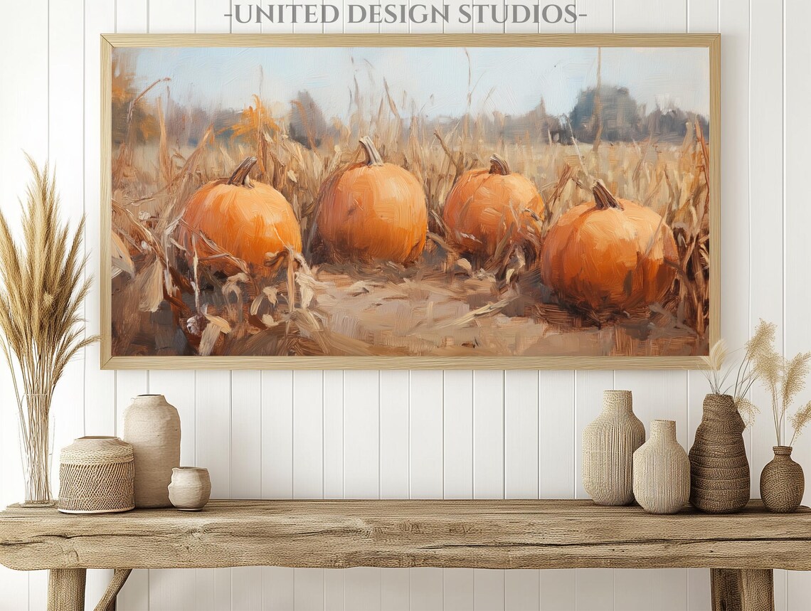 Pumpkin Patch Field Orange Pumpkins Corn Stalks Fall Frame TV Art Poster - Image 2