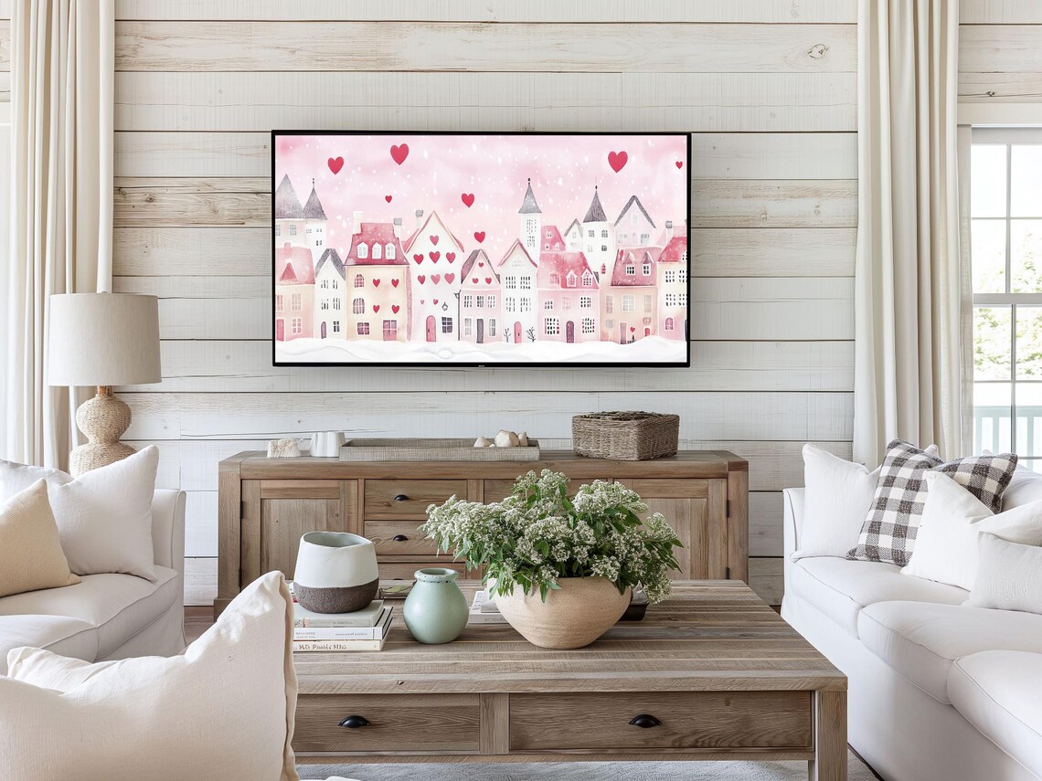 Pink Valentine Village Painting Hearts Romantic Watercolor Wall Art - Image 5