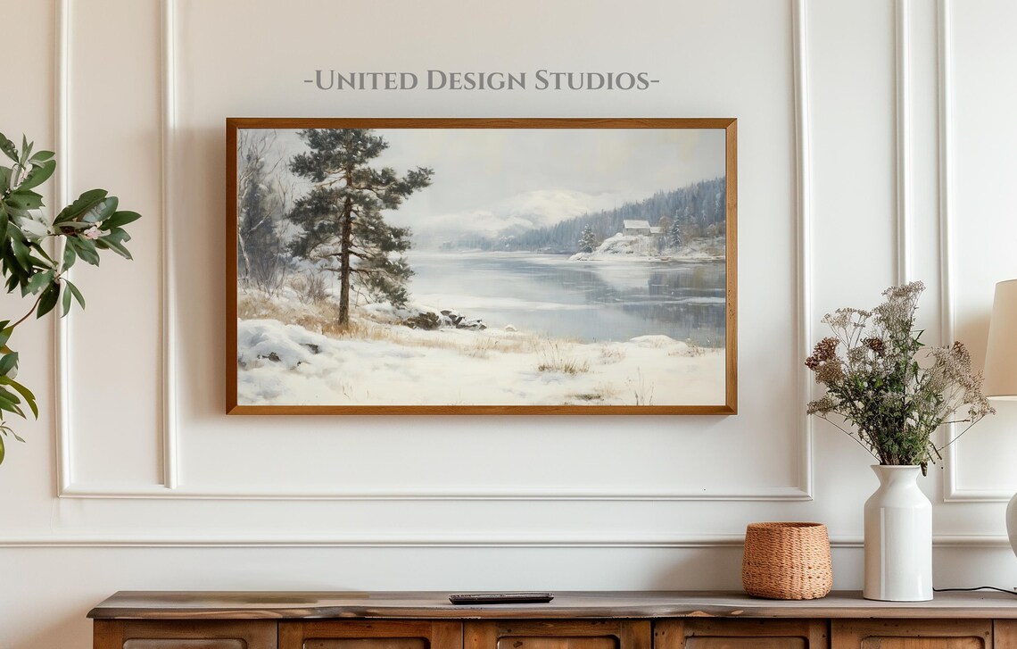 Winter Lake Landscape Rustic Holiday Art Print - Image 3