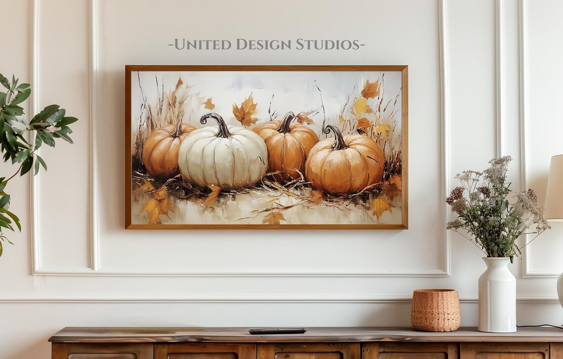 Rustic White Orange Pumpkins Oil Painting Fall Farmhouse Frame TV Poster - Image 3