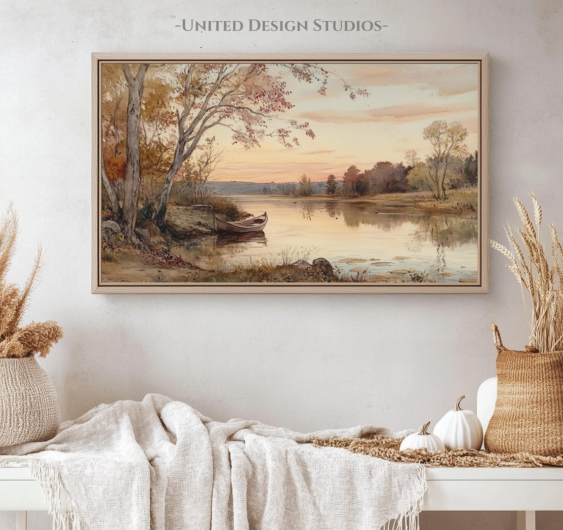 Autumn Lake Sunset With Lone Canoe Watercolor Landscape Wall Art - Image 5