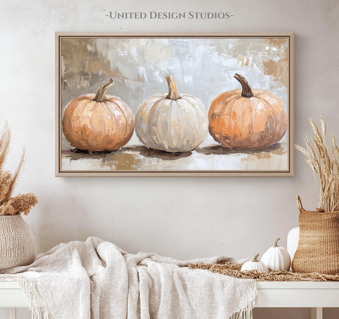 Pumpkin Trio Orange White Textured Oil Painting Rustic Fall Frame TV Poster - Image 4