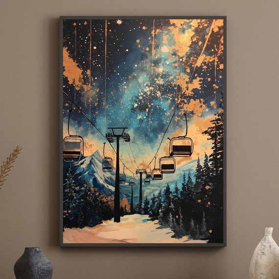 Ski Gondolas Sunset Sky Snowy Mountains Forest Winter Poster
