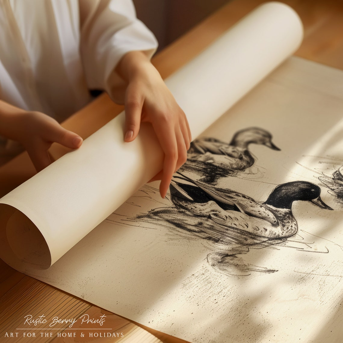 Five Ducks Swimming Vintage Pencil Sketch Wildlife Waterfowl Art Print - Image 3
