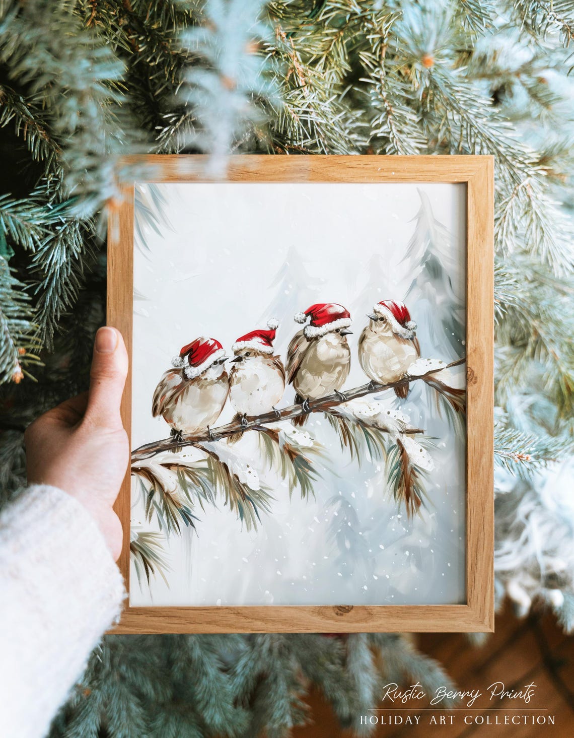 Four Birds Santa Hats Snowy Pine Branch Winter Holiday Print