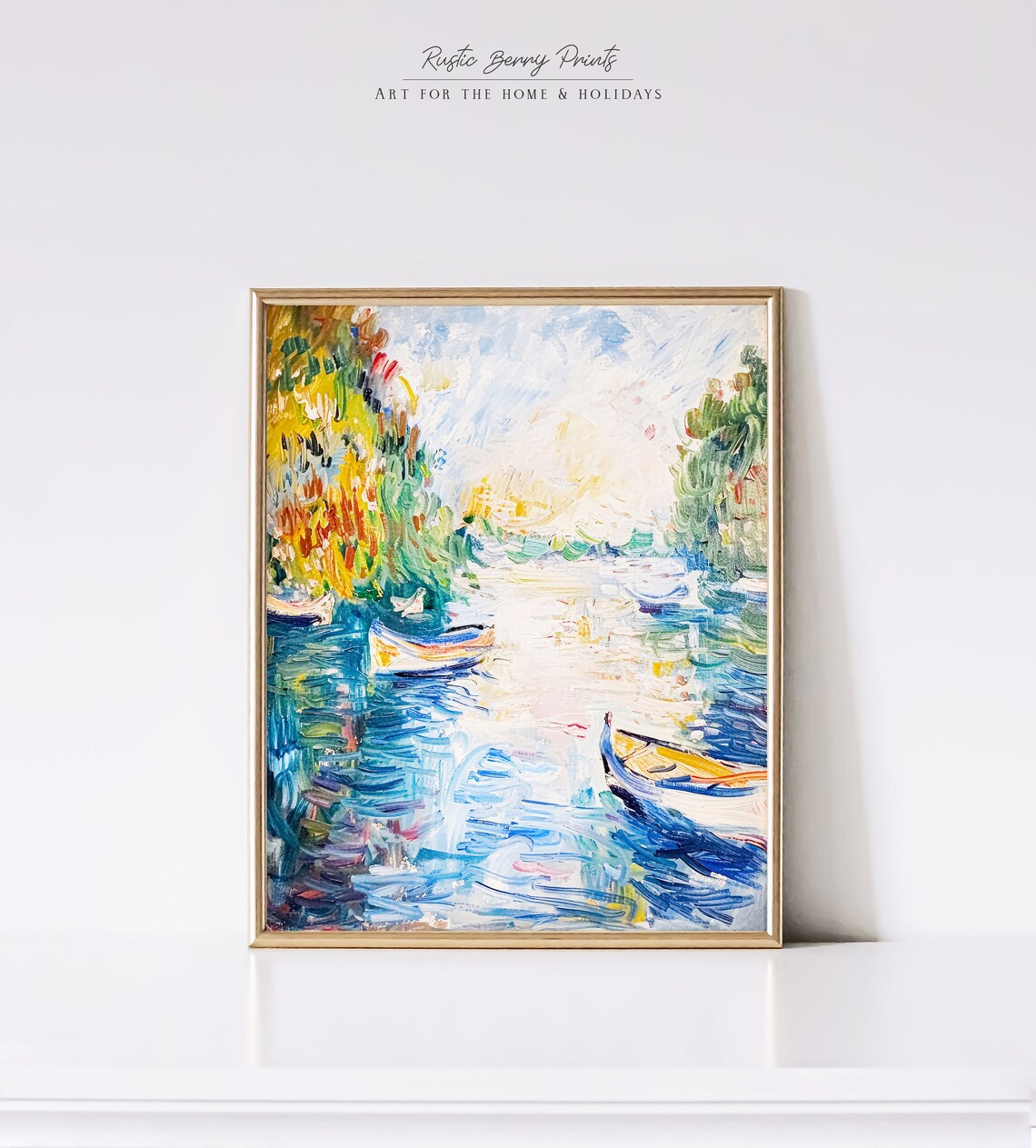 Colorful Boats On Blue River Impressionist Summer Water Scene Poster