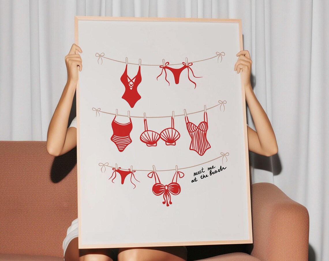 Red Swim Suit Drying Art Print, French Coastal Vintage