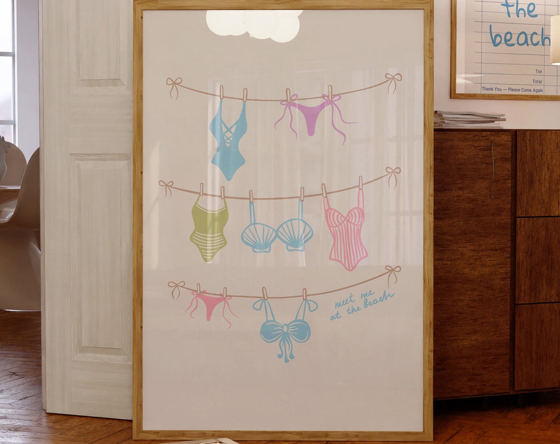 Pastel Bikinis on Clothesline Meet Me at the Beach Coastal Art Poster