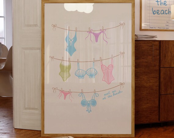 Pastel Bikinis On Clothesline Print Vintage Coastal Cowgirl Art Granddaughter Decor Meet Me At The Beach Swimsuit Surf Poster