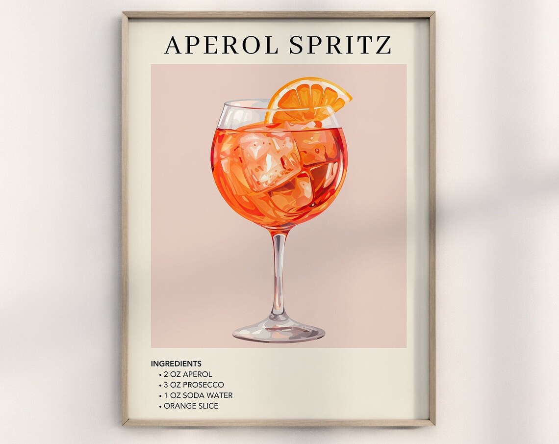 Aperol Spritz Orange Cocktail Bar Cart Illustration Kitchen Decor Poster
