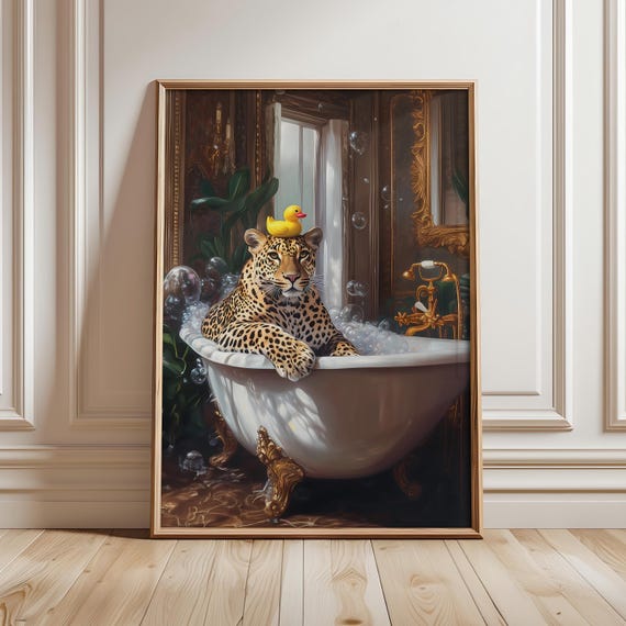 Leopard With Rubber Duck Poster In Bathtub Print Funny Wall Art Pink Bathroom Prints Animal Optional Frame