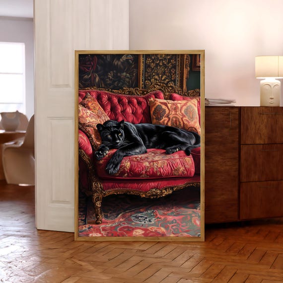 Panther on Sofa Poster, Maximalist Jungle Print