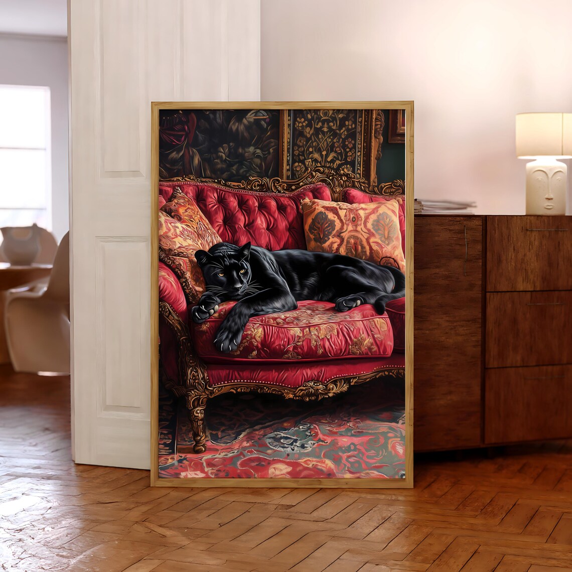 Panther on Sofa Poster, Maximalist Jungle Print