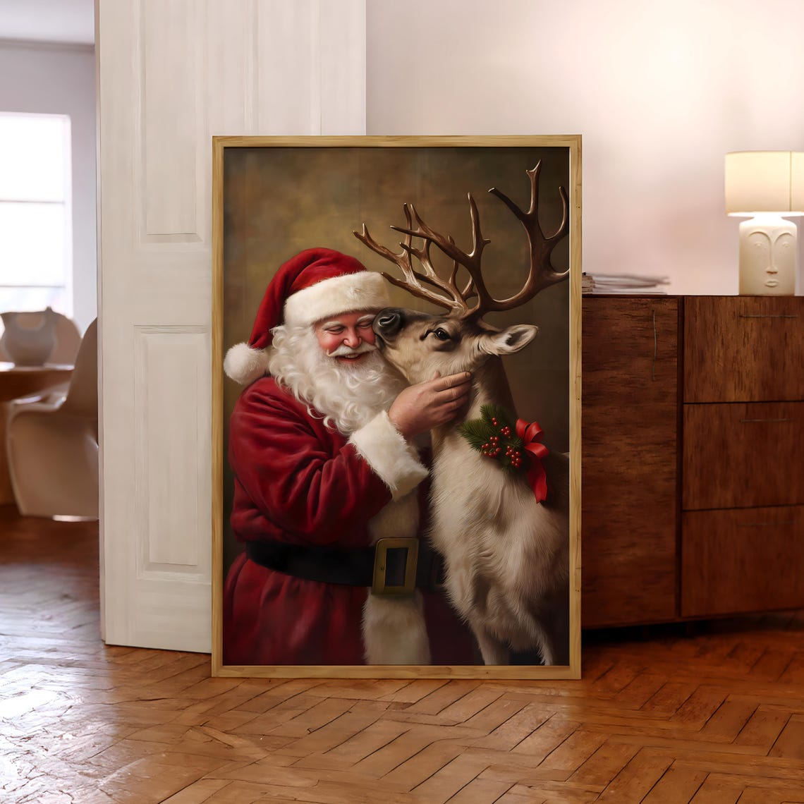 Santa Claus Nuzzling Reindeer Cozy Vintage Christmas Holiday Poster