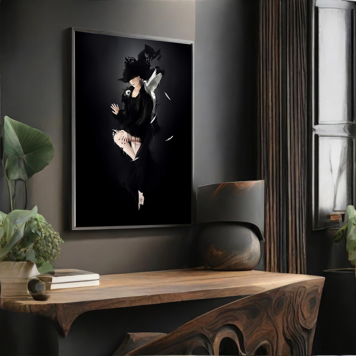 Woman in Black Dress With Pigeons Moody Fashion Photography Wall Art - Image 4