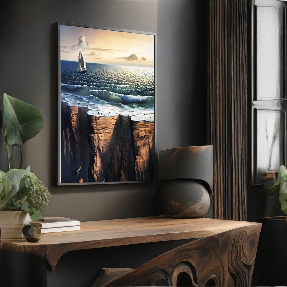 Surreal Ocean Pouring Over Cliff Edge Sailboat Dream Art Wall Art - Image 4