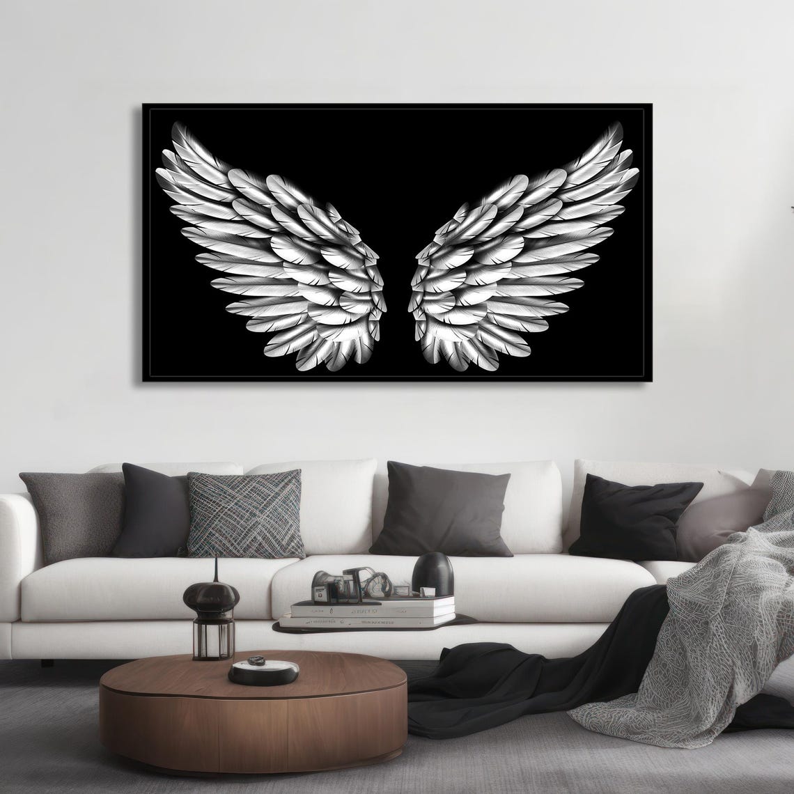 White Angel Wings Black Background Dramatic Feather Art Poster - Image 2