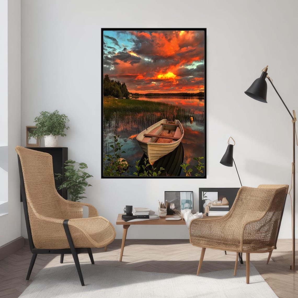 Lonely Rowboat Calm Lake Fiery Sunset Sky Peaceful Nature Poster - Image 2