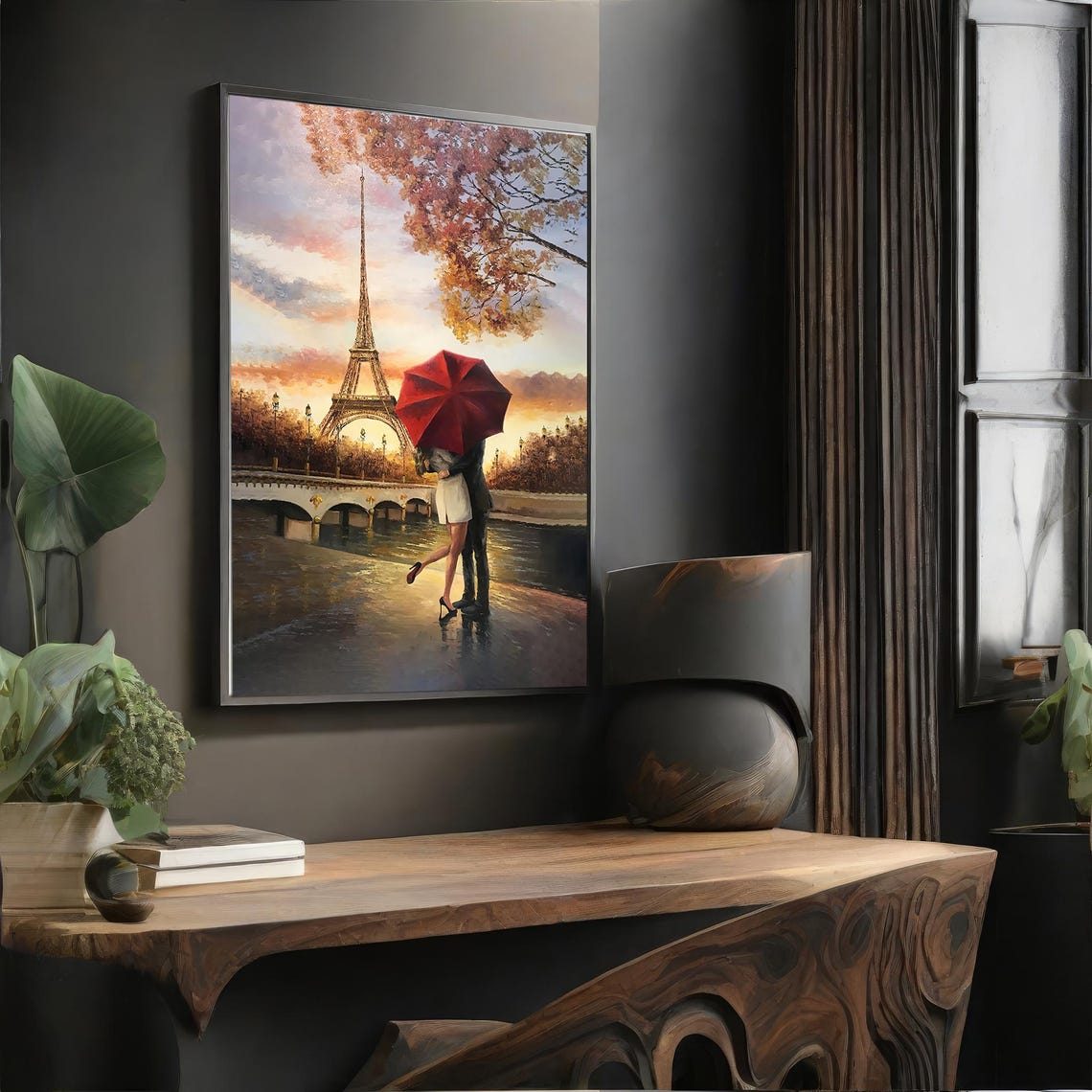 Couple With Red Umbrella by the Eiffel Tower Paris Romance Art Poster - Image 4