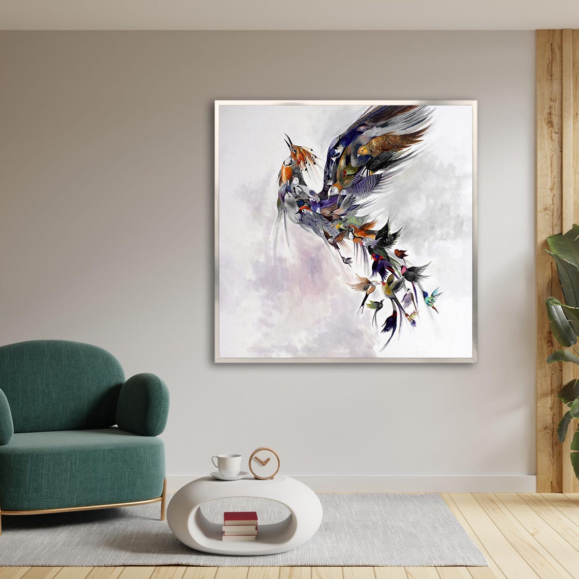 Colorful Phoenix Rising From Dozens of Birds Watercolor Art Poster - Image 3