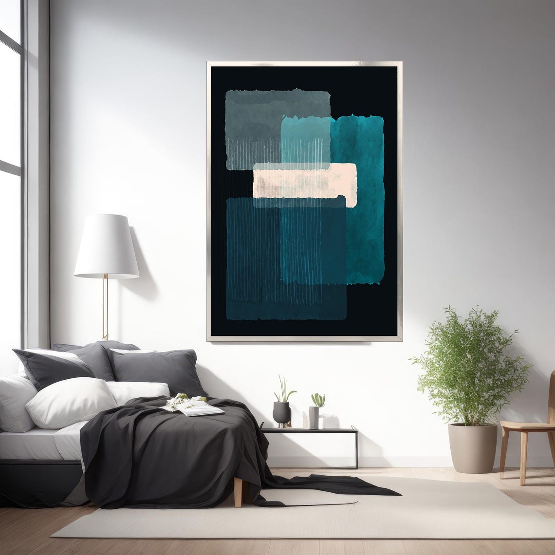 Teal Blue White Abstract Color Blocks Dark Modern Minimalist Poster - Image 2