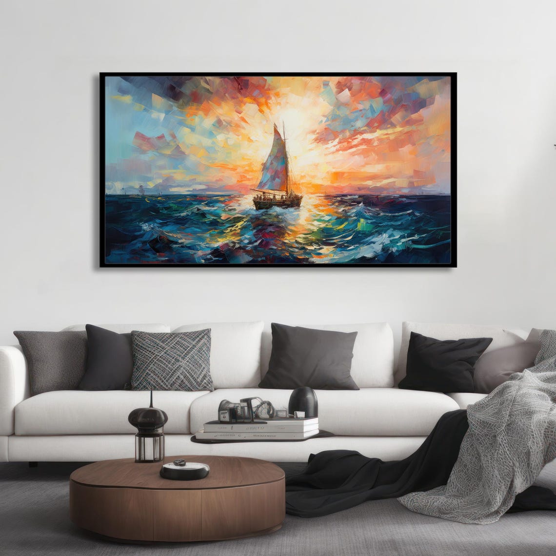 Sailboat Sunset Mosaic Colorful Ocean Waves Abstract Art Poster - Image 2