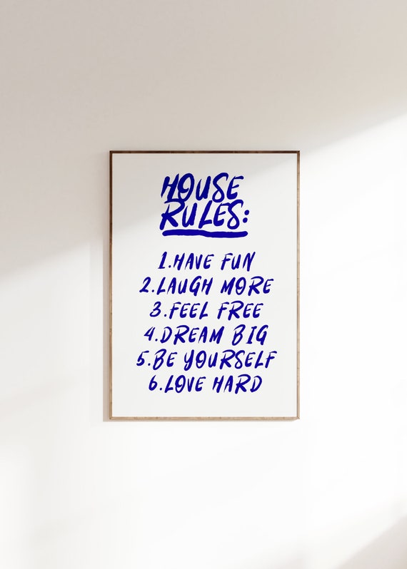 Trendy House Rules Poster Blue Rules Print Rules Art Print Retro Wall Art Bar Cart Art Typography Print Positive Vibes Print