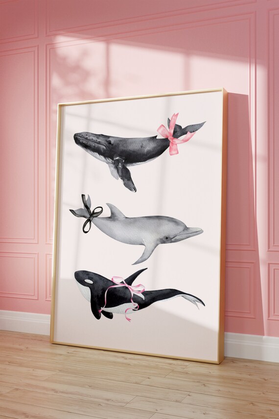 Coquette Sea Animal Watercolor Print Whale Dolphin Orca Coastal Aesthetic Summer Dolphin Cute Bow Poster Wall Art Trendy Funky Beach Print