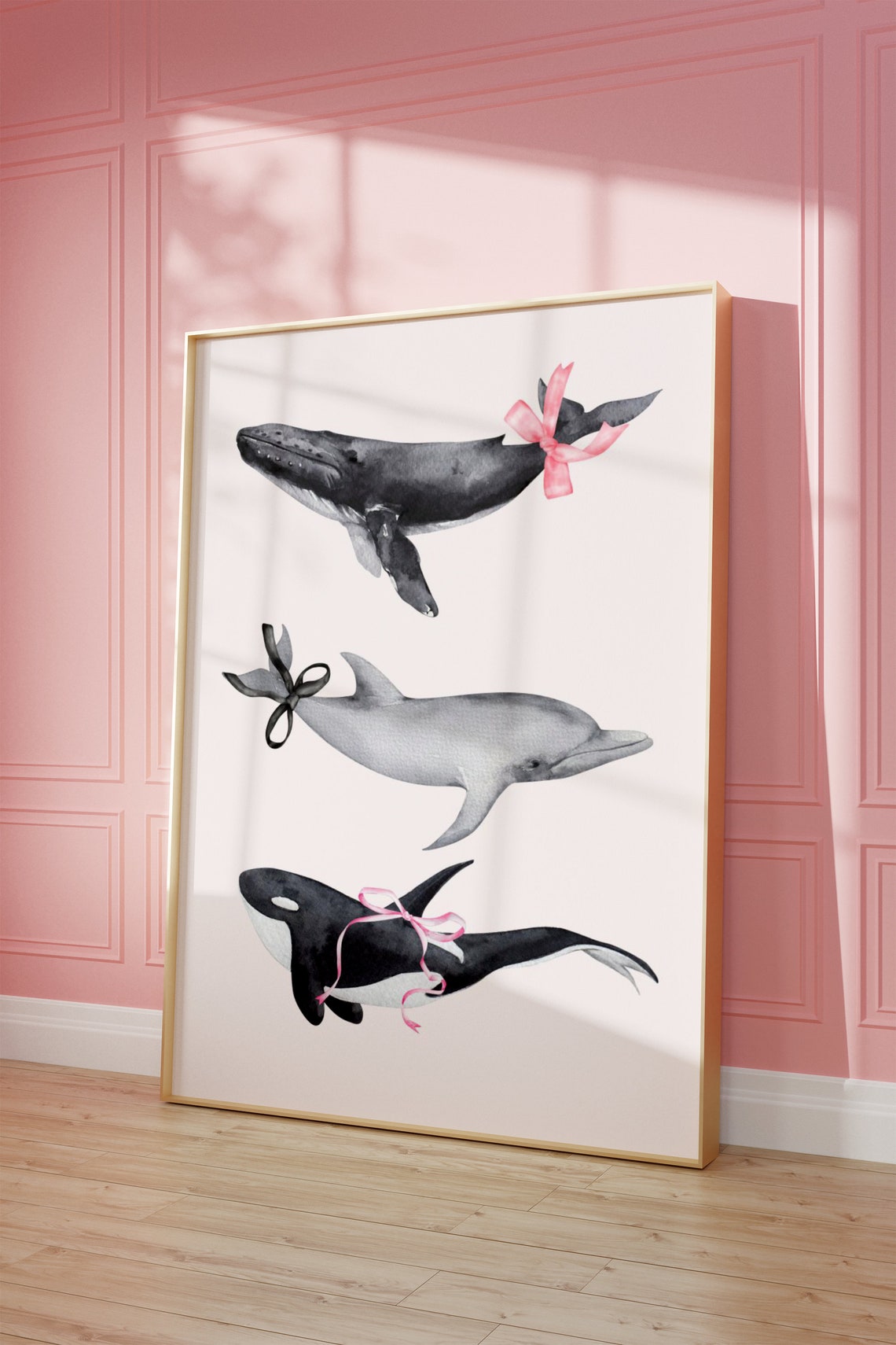 Whale Dolphin Orca Watercolor Bow Cute Girly Coastal Wall Art