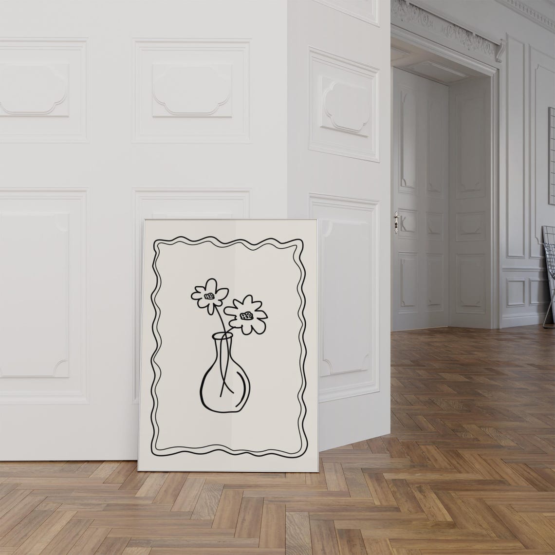 Fine Line Flower Vase Drawing Minimalist Chic Botanical Wall Art