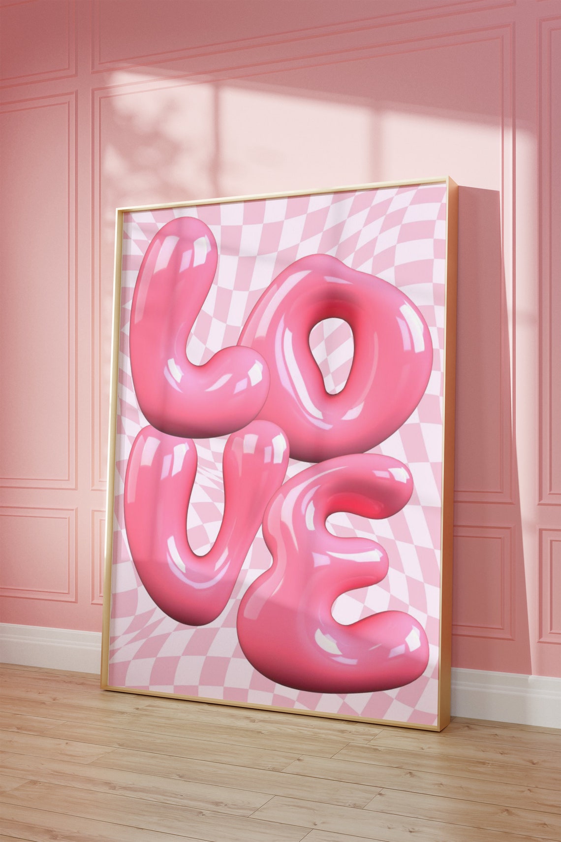 Pink Love Bubble Letters 3D Checkered Background Funky Y2K Poster - Image 2