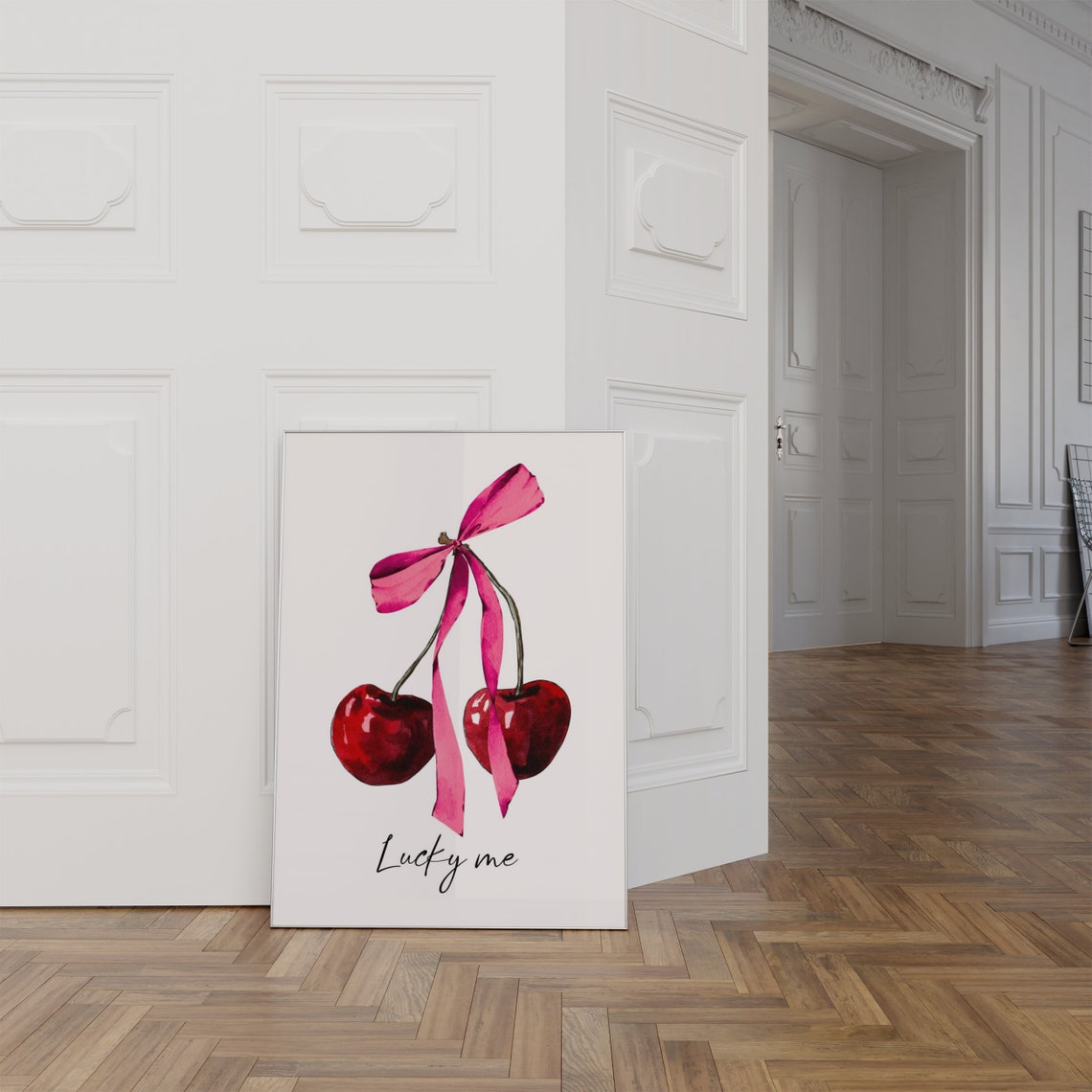 Lucky Me Cute Red Cherry Bow Watercolor Coquette Girly Wall Art