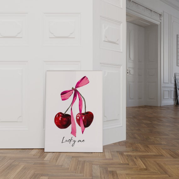 Coquette Cherry Bow Print Cute Lucky Me Wall Art Coquettcore Red Pink Cherry Watercolor Room Decor Sweet Fruit Dorm Room Poster